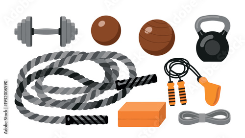 Gym equipment collection featuring kettlebell, dumbbell, and more for fitness enthusiasts