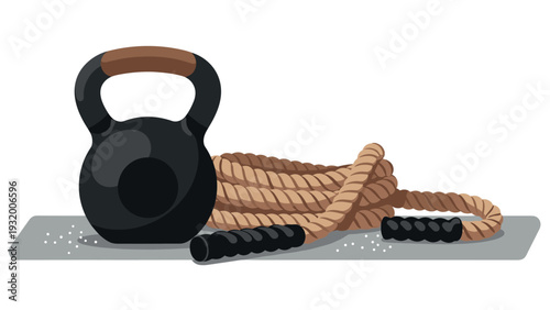 Kettlebell and battle rope on gym mat for strength training workouts