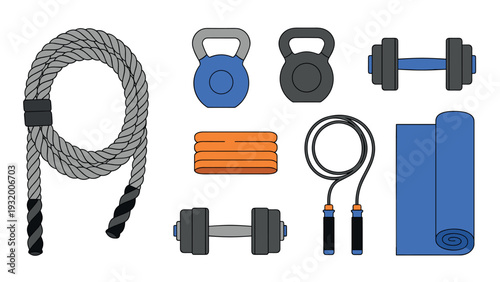 Flat design gym equipment set with kettlebell dumbbell jump rope and yoga mat