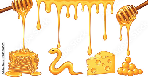 Golden Honey Drip Collection with Honeycomb Cheese Snake and Honey Dipper Sweet Food Vector Illustration
