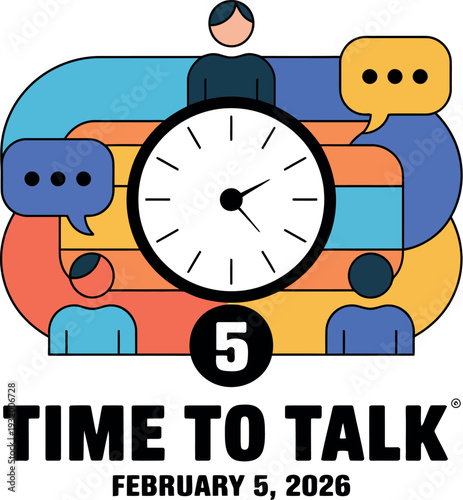 A colorful illustration promoting Time to Talk day on February 5, 2026, with a clock and speech bubbles