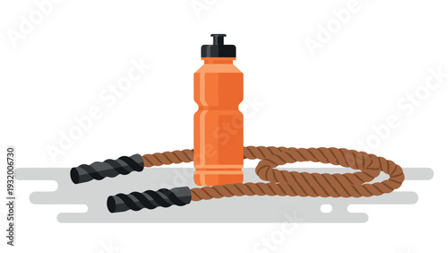 Jump rope and water bottle on gym floor for fitness and hydration