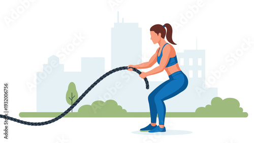 Woman exercising with battle ropes in urban park setting