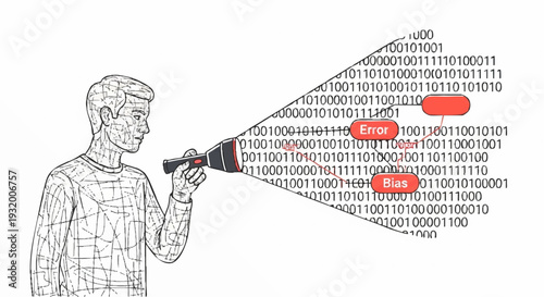Man with flashlight illuminating binary code and errors.