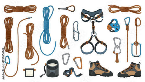Essential climbing gear collection with ropes, harness, and carabiners