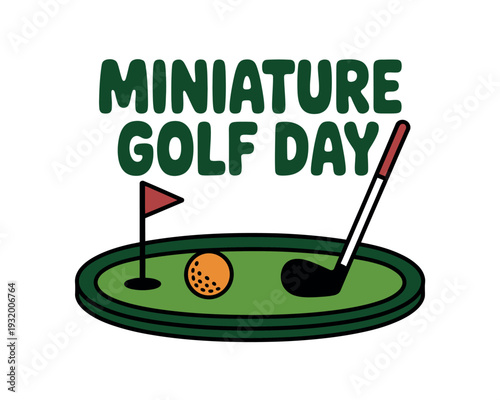 A colorful illustration of a miniature golf course with a ball, flag, and club on a green putting surface.