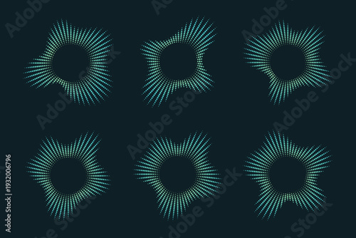 Pack of 6 teal neon glowing radial sound wave equalizer halftone dots on dark background. Music rhythm visualizer Set
