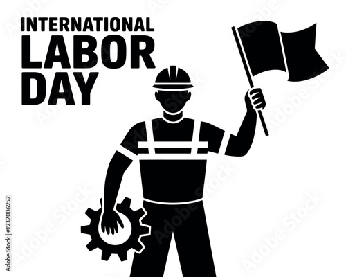 A black and white illustration of a worker celebrating International Labor Day with a flag and gear