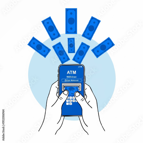 Mobile ATM transaction with cash withdrawal via smartphone.