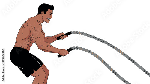 Intense workout with battle ropes: athletic man training for strength and endurance