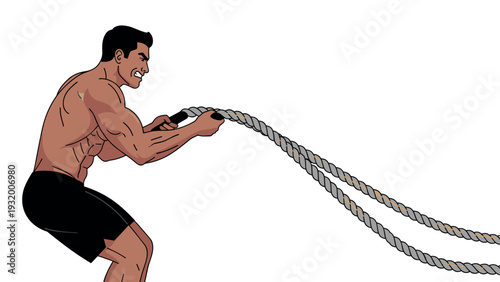 Athletic man engaged in battle rope workout for strength training and fitness