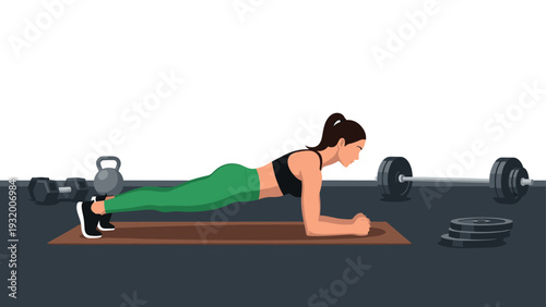 Woman doing plank exercise in gym with fitness equipment in background