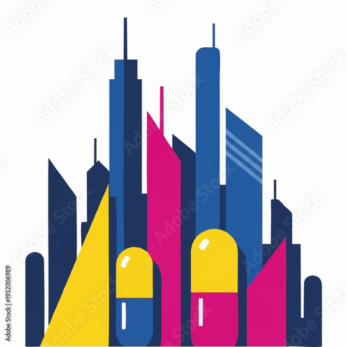 Modern Cityscape with Pharmaceutical Capsules Symbolizing Health.