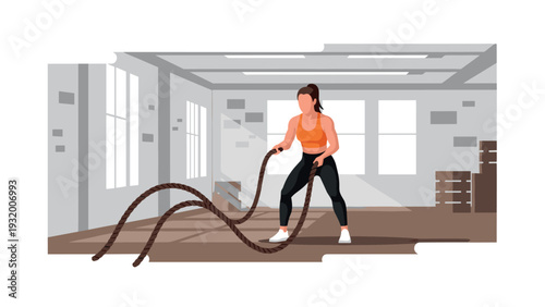 Woman exercising with battle ropes in modern fitness studio