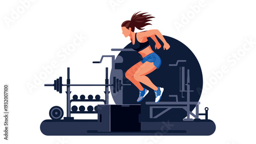 Athletic woman in motion at the gym with fitness equipment in modern style