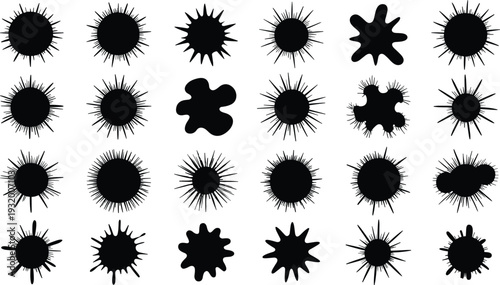 Ink splatter burst shapes collection paint splash grunge circular blot abstract texture vector design elements set
