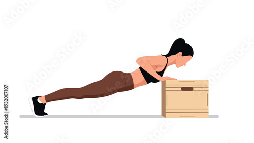 Woman performing elevated push-ups with fitness box on white background