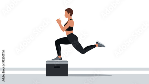 Flat style fitness exercise: woman performing box jump in modern gym setting