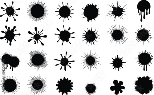 Ink splatter overlay shapes collection paint splash grunge liquid blot abstract texture vector design elements set