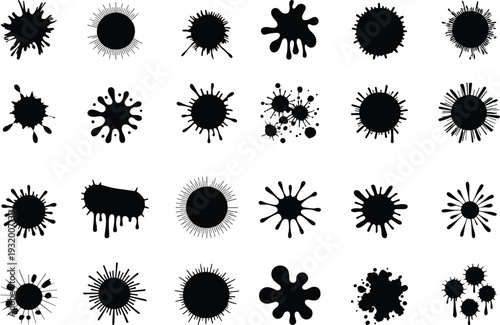 Ink splatter mega pack paint splash collection abstract grunge liquid blot shapes vector texture design elements