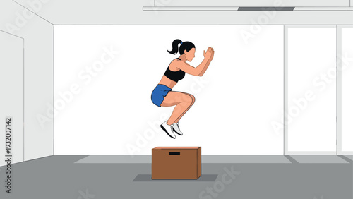 Woman performing box jump exercise in minimalist gym setting