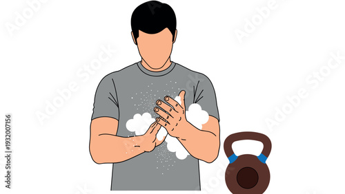 Fitness enthusiast with chalk clapping hands near kettlebell