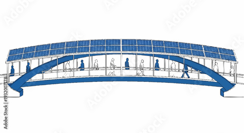 Modern Pedestrian Bridge with Solar Panels and People Walking.