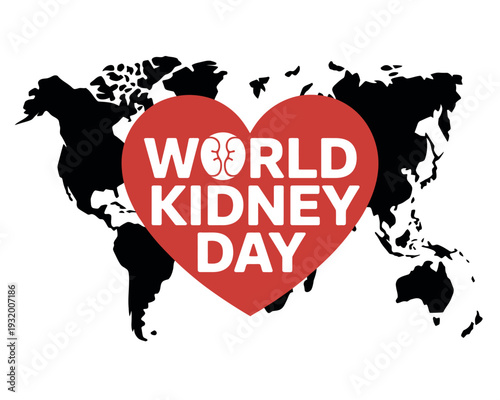 A red heart with a kidney inside on a world map for World Kidney Day