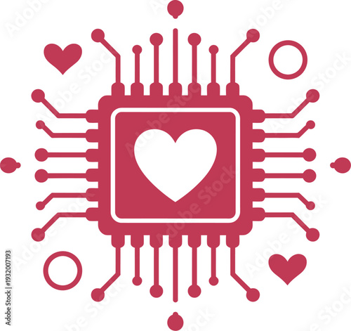 A red circuit board with a heart in the center surrounded by various symbols