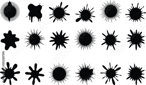 Ink splatter paint splash shapes collection abstract grunge liquid blot symbols vector design elements texture set