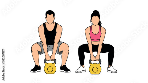 Fitness duo performing kettlebell squats in flat style