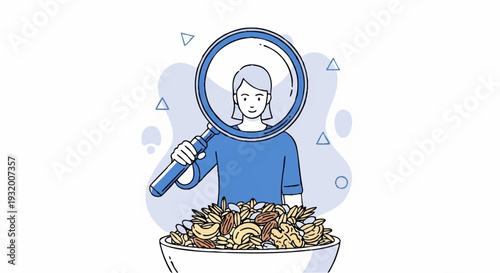 Person examining food with a magnifying glass for quality control.