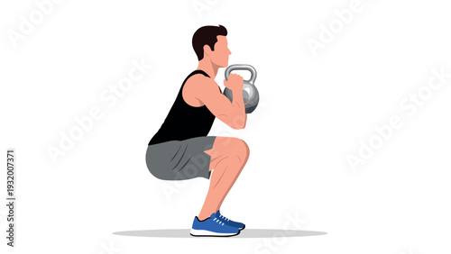 Man performing kettlebell squat exercise in flat style