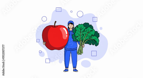 Person holding a large red apple and a bunch of green kale.