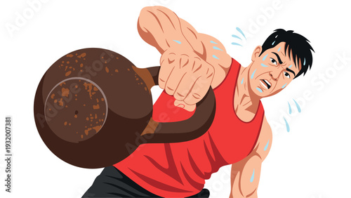 Strong man lifting heavy kettlebell in dynamic workout action