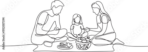 Father, Mother And Daughter Relaxing On Family Picnic. Characters Sitting On Ground In Park And Food Together Illustration. one line art icon drawing vector
