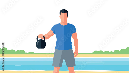 Active man lifting kettlebell by beach in minimalist style