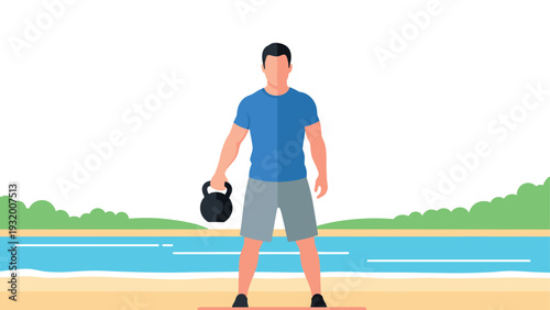 Man exercising with kettlebell on beachside - outdoor fitness and strength training concept