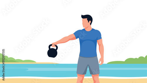 Fitness enthusiast exercising with kettlebell on sunny beach