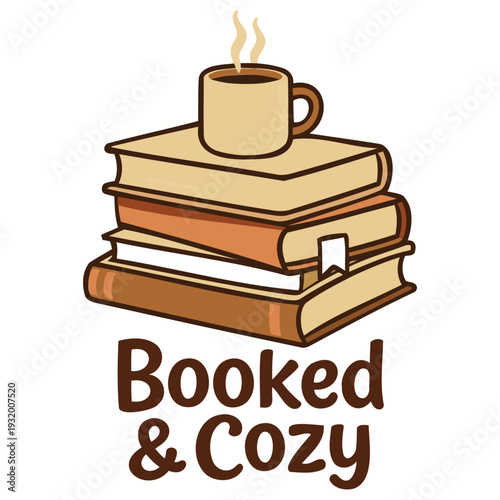 Cute and colorful illustration of stacked books with a hot coffee cup on top representing reading and relaxation time
