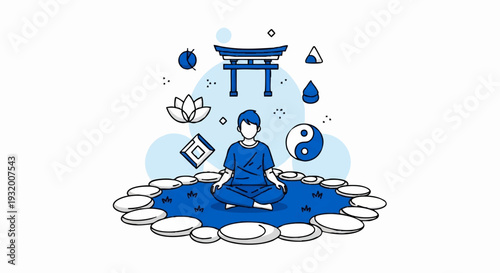 Person meditating in a serene spiritual setting surrounded by symbols.