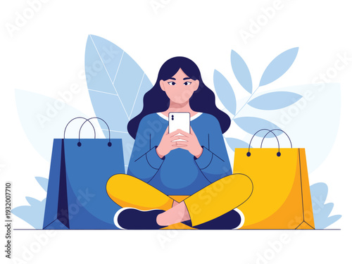 Woman uses smartphone surrounded by shopping.
