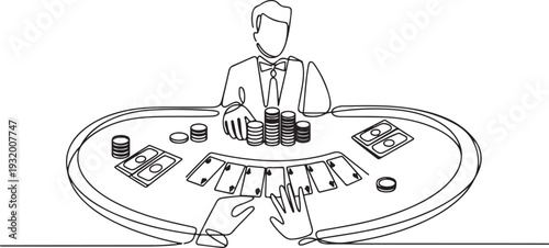 poker casino vector. game table, blackjack card, hand player, money bet, gamble poker casino character. one line art icon drawing vector