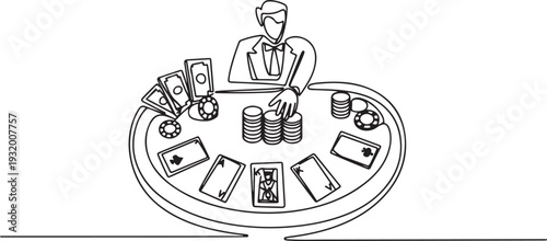 poker casino vector. game table, blackjack card, hand player, money bet, gamble poker casino character. one line art icon drawing vector