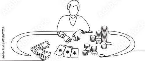 poker casino vector. game table, blackjack card, hand player, money bet, gamble poker casino character. one line art icon drawing vector