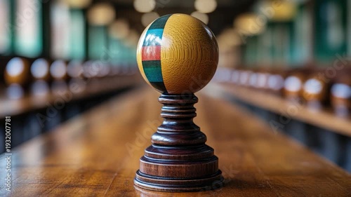 A wooden table with a ball placed on top, suitable for use in s and designs