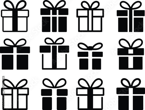 Minimal gift box icon set collection black outline present symbols for holiday celebration ecommerce packaging and birthday design