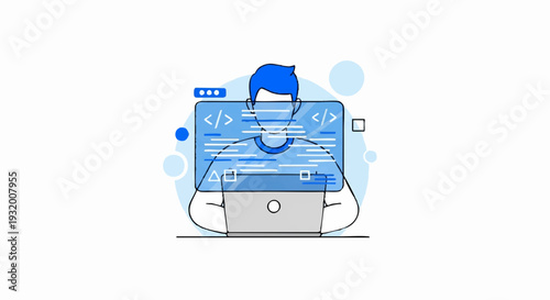 Programmer working on a laptop with code on screen.