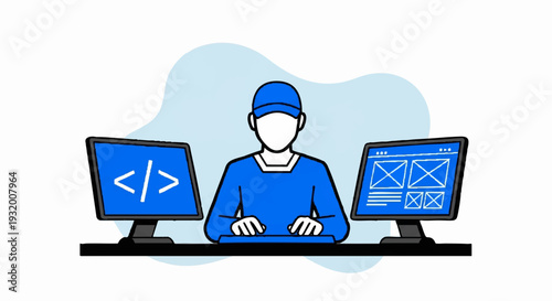 Programmer working on computers with coding and website design.