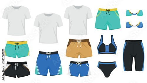 Summer clothing collection: stylish swimwear and casual outfits for men and women